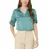 Allegra K Women's Lapel V-neck Long Sleeve Button Cuffs Satin Blouse Shirt 2 Allegra K Women's Lapel V-neck Long Sleeve Button Cuffs Satin Blouse Shirt