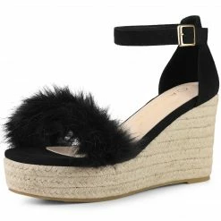Allegra K Women's Espadrille Platform Heels Fur Ankle Strap Wedge Heel Sandals Shoes