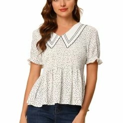 Allegra K Women's Polka Dots Peter Pan Collar Smocked Peplum Blouse Top
