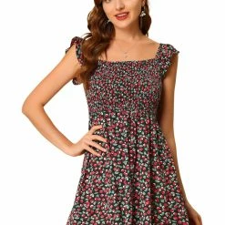 Allegra K Women's Cherry Square Neck Cap Sleeve Pleated Mini Dress