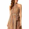 Allegra K Women’s Halter Neck Casual Belted Stripe Sleeveless Dress