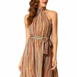 Allegra K Women’s Halter Neck Casual Belted Stripe Sleeveless Dress