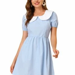 Allegra K Women's Contrast Peter Pan Collar Puff Short Sleeve A-line Dress