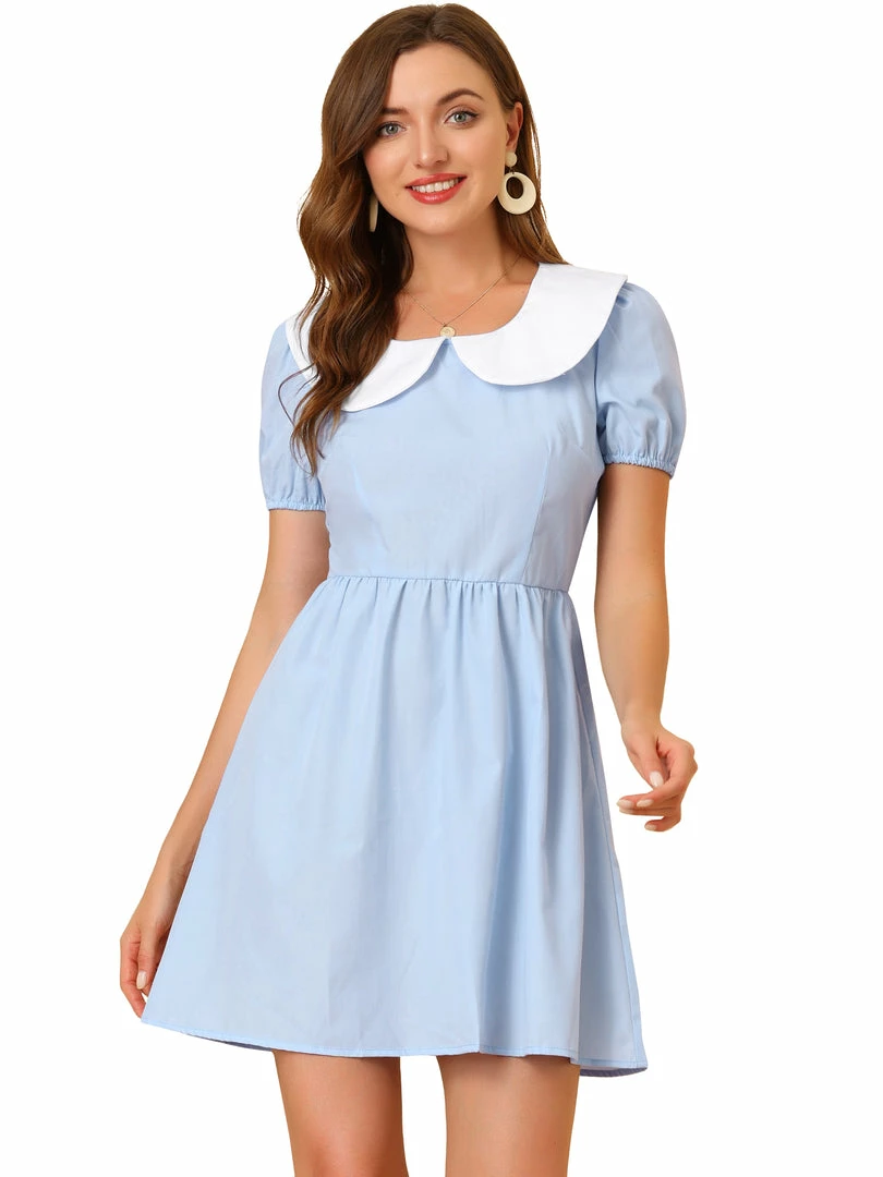 Allegra K Women's Contrast Peter Pan Collar Puff Short Sleeve A-line Dress 3 Allegra K Women's Contrast Peter Pan Collar Puff Short Sleeve A-line Dress