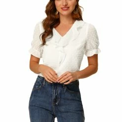 Allegra K Women's Swiss Dots Blouse Ruffle V Neck Short Sleeve Chiffon Peasant Top