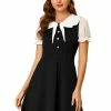 Allegra K Women's Bowtie Neck Contrast Color A-Line Doll Collar Dress