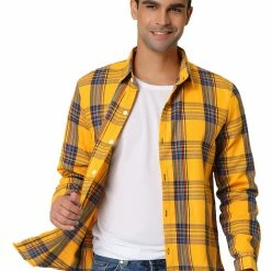 Allegra K Men's Casual Plaid Shirt Color Block Button Up Long Sleeved Checked Shirts