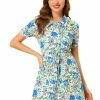 Allegra K Women's Floral Dress Point Collar Button Up Tie Waist Summer Dresses