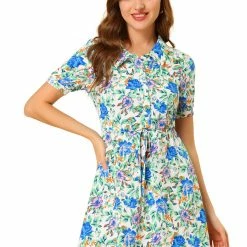 Allegra K Women's Floral Dress Point Collar Button Up Tie Waist Summer Dresses