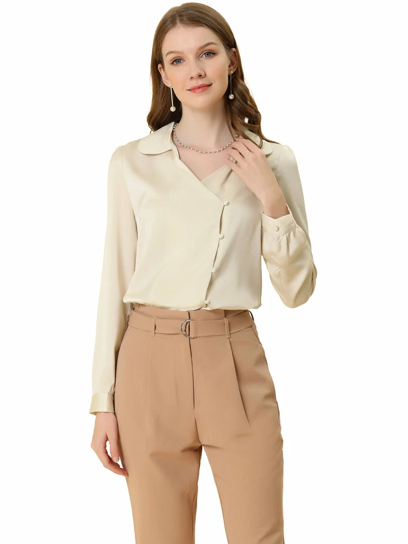Allegra K Women's Satin Blouse Button Cuff Lapel V-neck Vintage Button Up Shirt 3 Allegra K Women's Satin Blouse Button Cuff Lapel V-neck Vintage Button Up Shirt