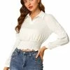 Allegra K Women's Smocked Crop Top Sheer Mesh Long Sleeve Point Collar Chiffon Blouse