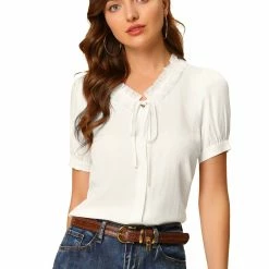 Allegra K Women's Ruffle Self Tie Neck Button Up Puff Sleeve Blouse