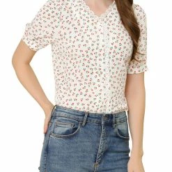 Allegra K Women's Floral Blouse Lace Ruffled V-neck Button Up Chiffon Shirt