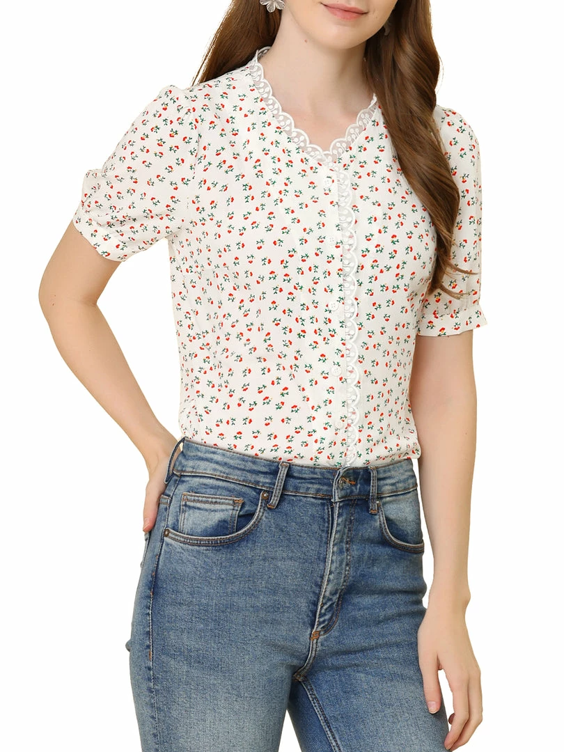 Allegra K Women's Floral Blouse Lace Ruffled V-neck Button Up Chiffon Shirt 3 Allegra K Women's Floral Blouse Lace Ruffled V-neck Button Up Chiffon Shirt