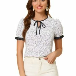 Allegra K Women's Tie Neck Short Sleeve Floral Blouse Tops