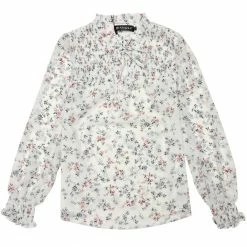 Allegra K Women’s Floral Puff Long Sleeve Ruffle Tie Neck Pleated Front Chiffon Blouse