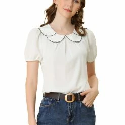Allegra K Women's Puff Sleeve Summer Peter Pan Collar Blouse Tops
