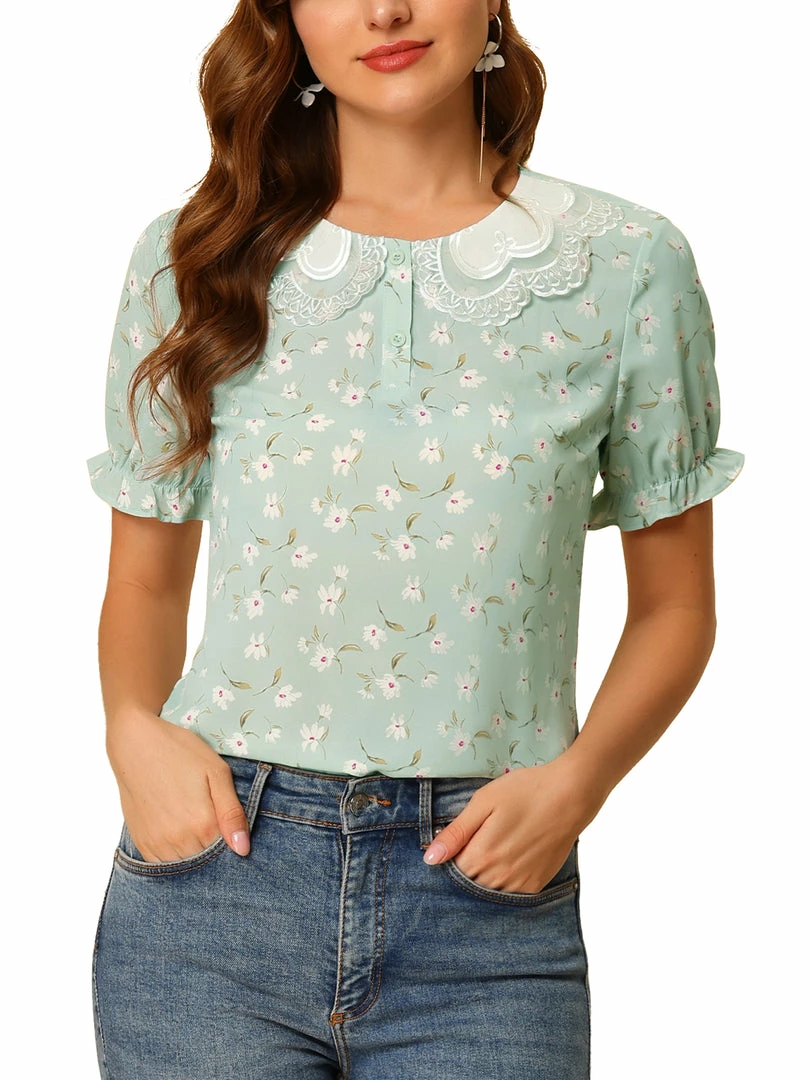 Allegra K Women's Peter Pan Collar Contrast Bubble Sleeve Floral Blouse 3 Allegra K Women's Peter Pan Collar Contrast Bubble Sleeve Floral Blouse