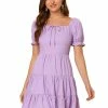 Allegra K Women's Square Neck Ruffle Sleeve Smocked Back Tiered Flowy Dress