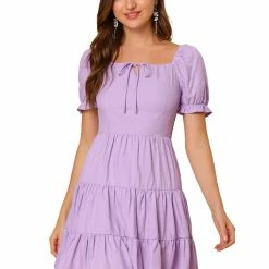 Allegra K Women's Square Neck Ruffle Sleeve Smocked Back Tiered Flowy Dress