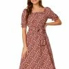 Allegra K Women's Floral Square Neck Tie Waist A-Line Midi Dress