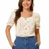 Allegra K Women's Sweetheart Neck Button Decor Smocked Shoulder Floral Blouse