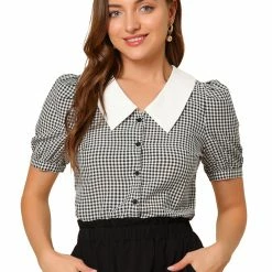 Allegra K Women's Plaid Puff Sleeve Blouse Contrast Collar Button Down Shirt Tops