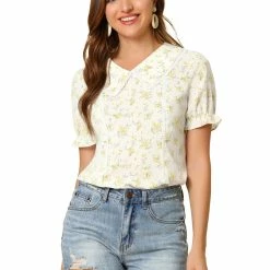 Allegra K Women's Floral Peter Pan Collar Lace Trim Ruffle Sleeve Blouse