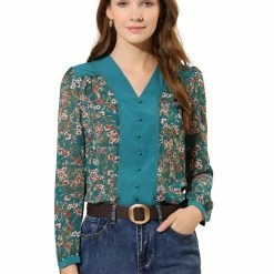Allegra K Women's Floral Blouse V Neck Puff Long Sleeve Button Decor Office Top
