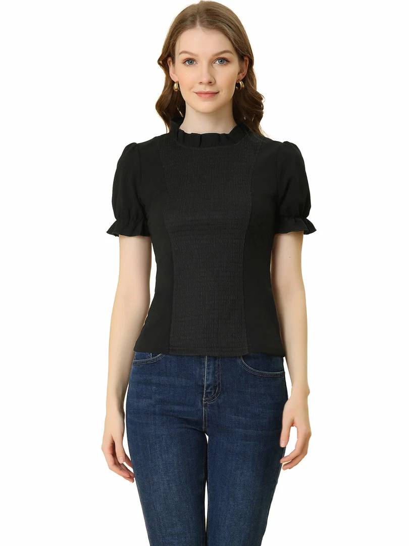Allegra K Women's Ruffled Stand Collar Elastic Cuffs Short Sleeve Smocked Top 3 Allegra K Women's Ruffled Stand Collar Elastic Cuffs Short Sleeve Smocked Top