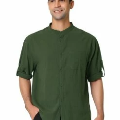 Allegra K Men's Linen Shirt Roll-up 3/4 Sleeves Casual Band Collar Beach Tops