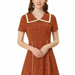 Allegra K Women's Heart Printed Doll Collar Short Sleeve A-Line Flare Dress