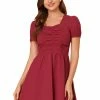 Allegra K Women' S Square Neck Puff Short Sleeve Ruch Front A-Line Dress