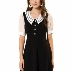 Allegra K Women's Hollow Lace Doll Collar Chiffon Button Cuffs Zip Back A Line Dress