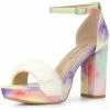 Allegra K Women's Tie Dye Platform Fur Chunky Heels Sandals Shoes
