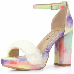 Allegra K Women's Tie Dye Platform Fur Chunky Heels Sandals Shoes