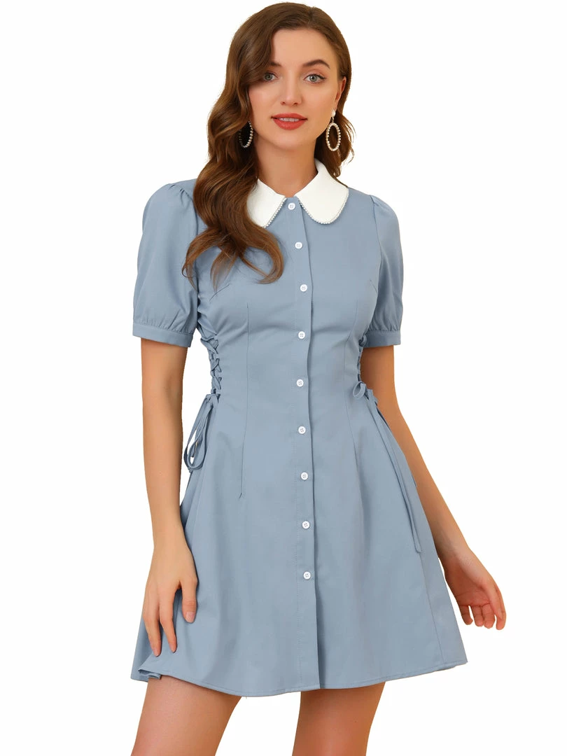 Allegra K Women's Vintage Peter Pan Collar Lace Up Button Down Dress 3 Allegra K Women's Vintage Peter Pan Collar Lace Up Button Down Dress