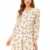 Allegra K Women's Ruffled A-Line Long Sleeve Self Tie V Neck Casual Chiffon Boho Floral Dress 2 Allegra K Women's Ruffled A-Line Long Sleeve Self Tie V Neck Casual Chiffon Boho Floral Dress