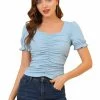 Allegra K Women's Square Neck Puff Sleeve Elegant Glitter Ruched Top