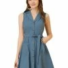Allegra K Women's Casual Notched Lapel Belted Fit And Flare Sleeveless Shirt Dress 1 Allegra K Women's Casual Notched Lapel Belted Fit And Flare Sleeveless Shirt Dress