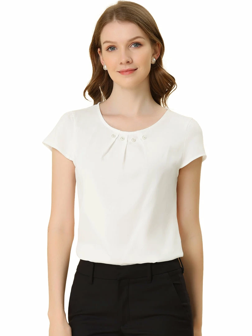 Allegra K Women's Work Office Short Sleeve Pearl Pleated Chiffon Blouse Top 3 Allegra K Women's Work Office Short Sleeve Pearl Pleated Chiffon Blouse Top