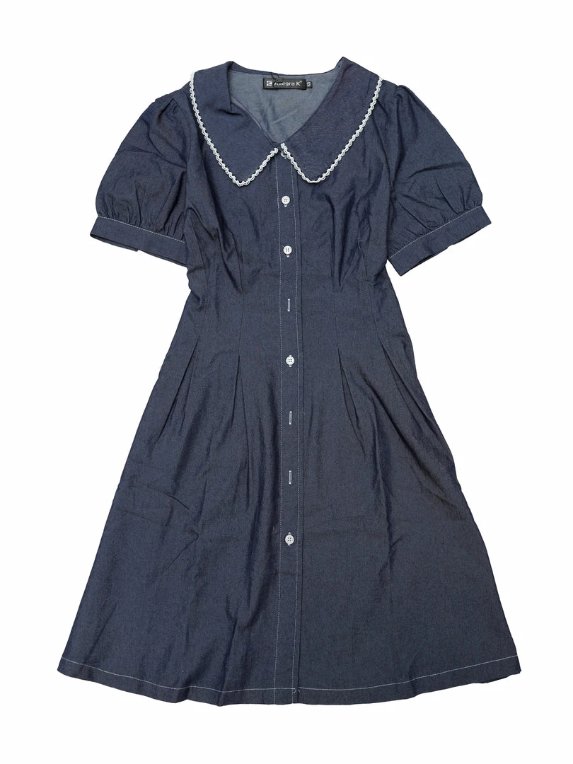 Allegra K Women's Denim Puff Sleeve Button Front Flare A-line Jean Mini Dress 3 Allegra K Women's Denim Puff Sleeve Button Front Flare A-line Jean Mini Dress