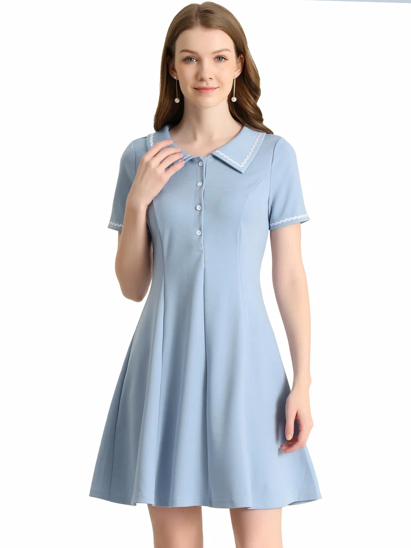 Allegra K Women's Turn Down Collar Half Placket A-Line Summer Dress 3 Allegra K Women's Turn Down Collar Half Placket A-Line Summer Dress