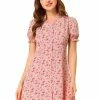 Allegra K Women's Floral Ruffle Neck Puff Short Sleeve Chiffon Valentine's Day Mini Dress