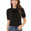 Allegra K Women's Floral Blouses Puff Sleeve Work Button Down Bow Tie Short Sleeve Tops