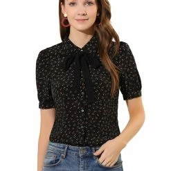 Allegra K Women's Floral Blouses Puff Sleeve Work Button Down Bow Tie Short Sleeve Tops