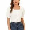 Allegra K Women's Peter Pan Collar Square Neck Button Decor Short Sleeve Cotton Blouse Top