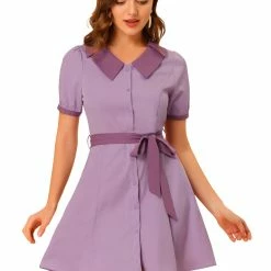 Allegra K Women's Vintage Peter Pan Collar Puff Short Sleeve Belted Shirt Dress