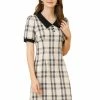 Allegra K Women's Short Sleeve Plaid Mini Dress Contrast Peter Pan Collar Casual Work Dresses