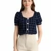 Allegra K Women's Plaid Square Neck Short Puff Sleeve Button Decor Blouse Top 2 Allegra K Women's Plaid Square Neck Short Puff Sleeve Button Decor Blouse Top